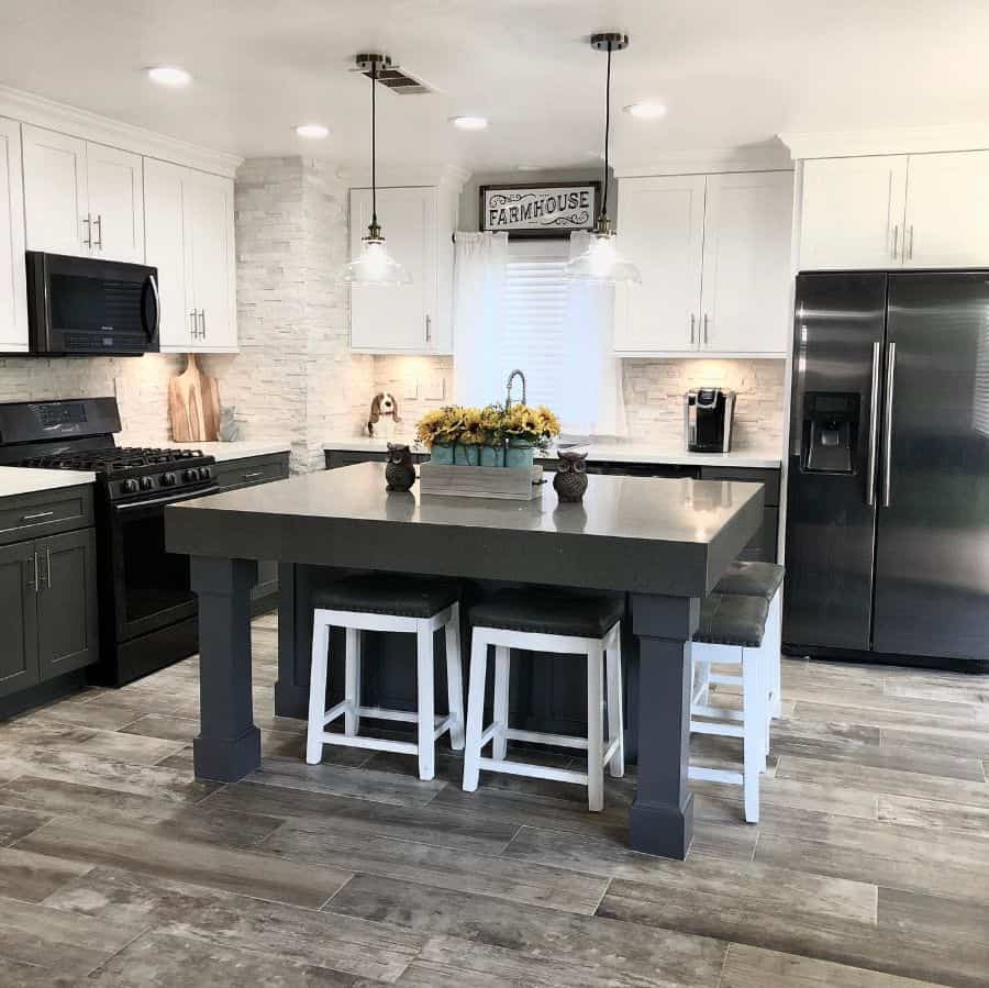 modern farmhouse kitchen with white and gray cabinets and large island