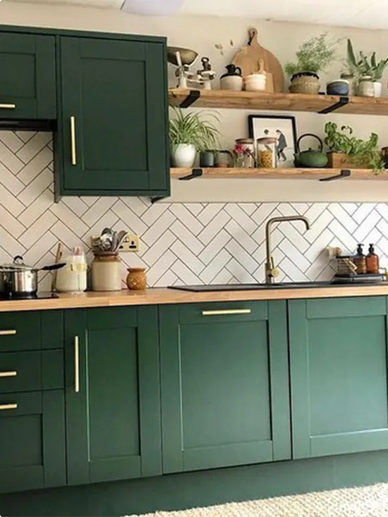 Forest Green Cabinet and White Tile Kitchen