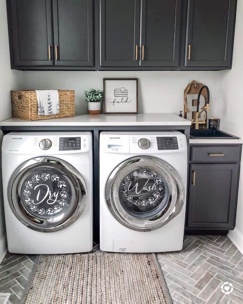 free-standing-laundry-room-sink-ideas-hilltopliving gray cabinet laundry with washer and dryer
