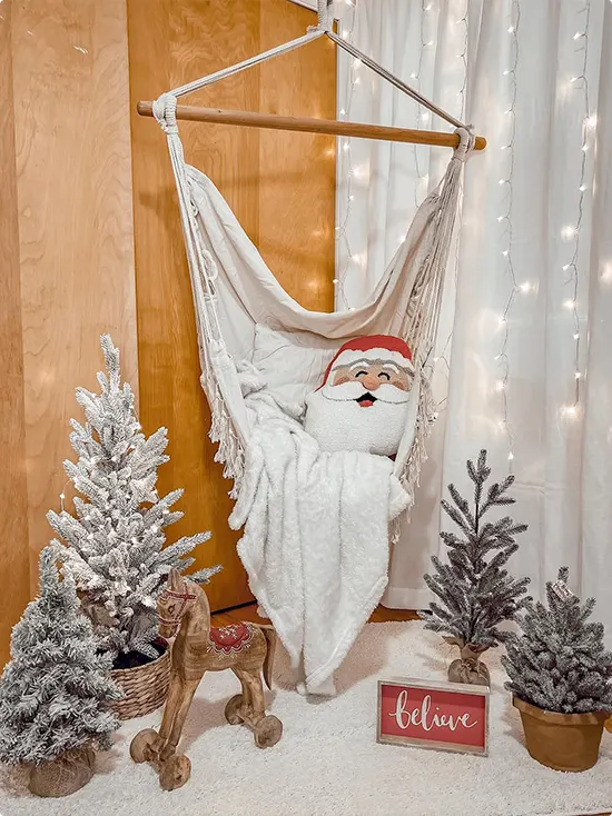 Frosted Mini Trees in a Christmas Hammock Nook