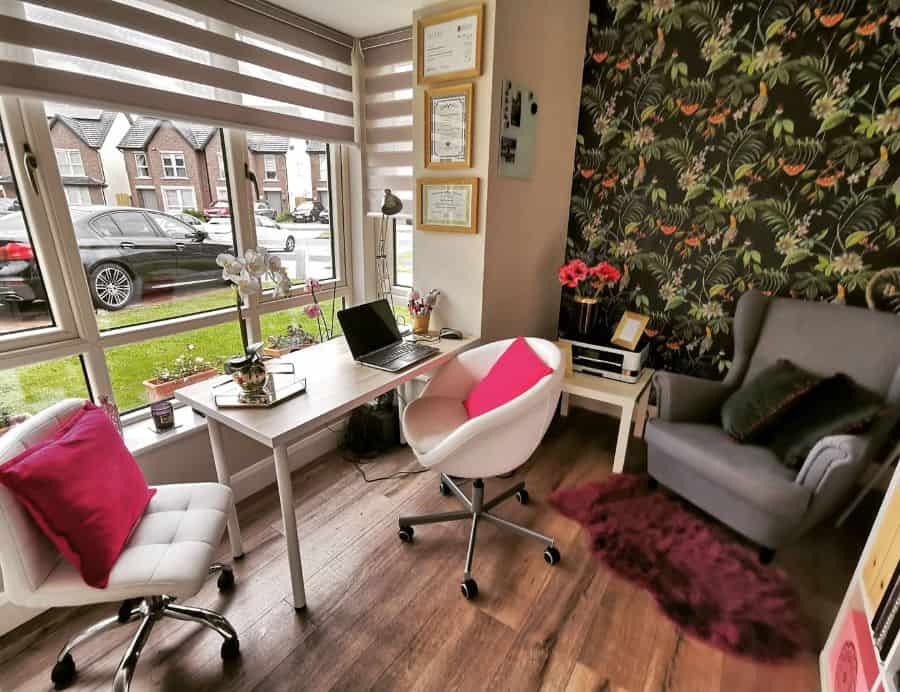 front room office with floral wallpaper accent wall