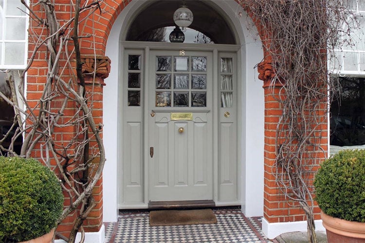 gray-front-door-for-red-brick-house Gray Front Door For Red Brick House