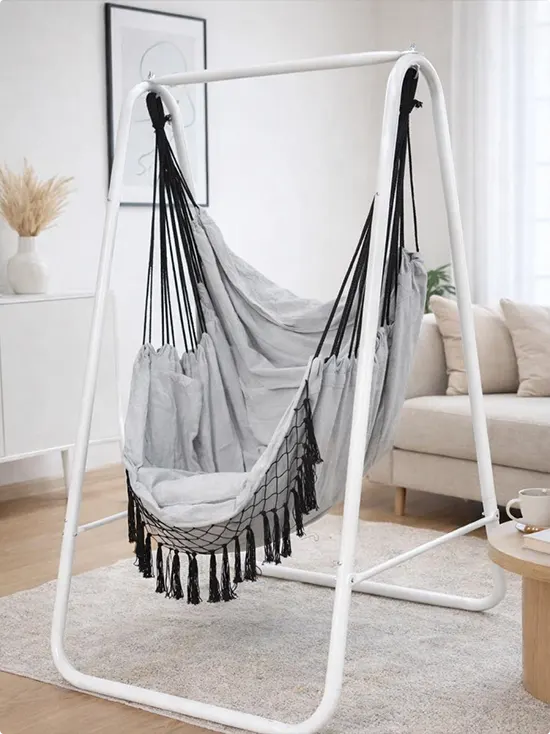 Gray Hammock Chair on a White A-Frame Stand
