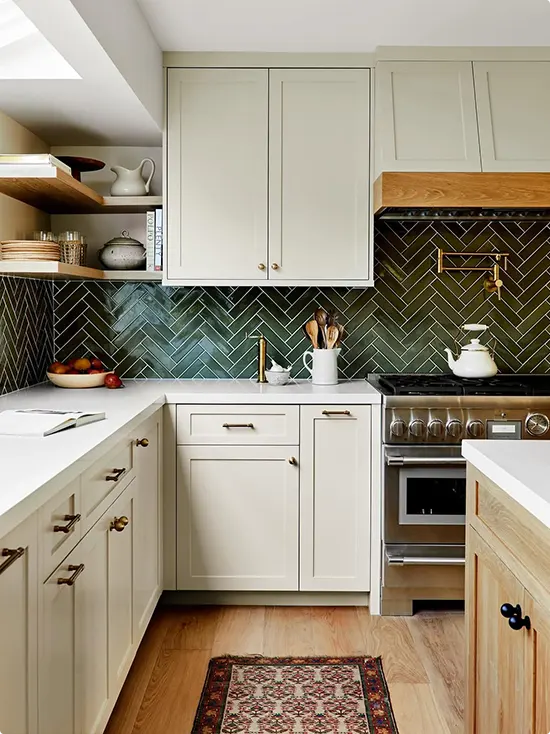 Green Herringbone Kitchen Backsplash