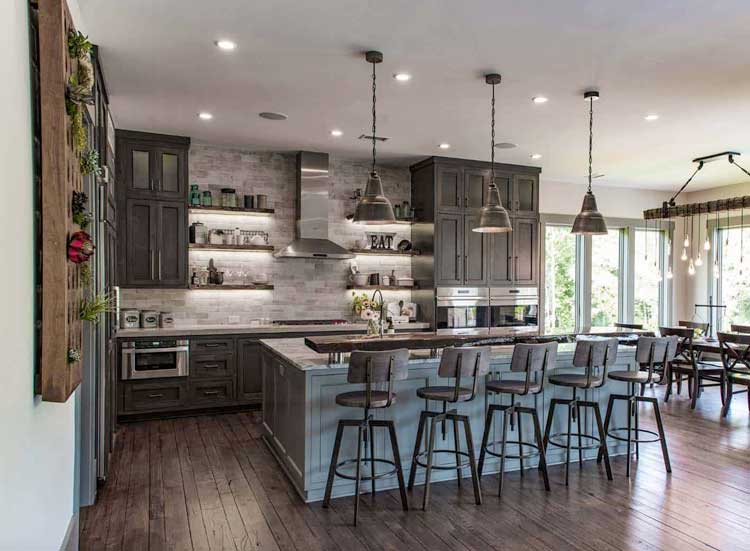 Grey and Blue Open Concept Rustic Kitchen