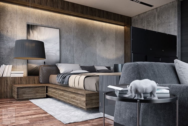 Grey Bedroom - Masculine Bedroom Shines with Natural Grey Concrete Walls