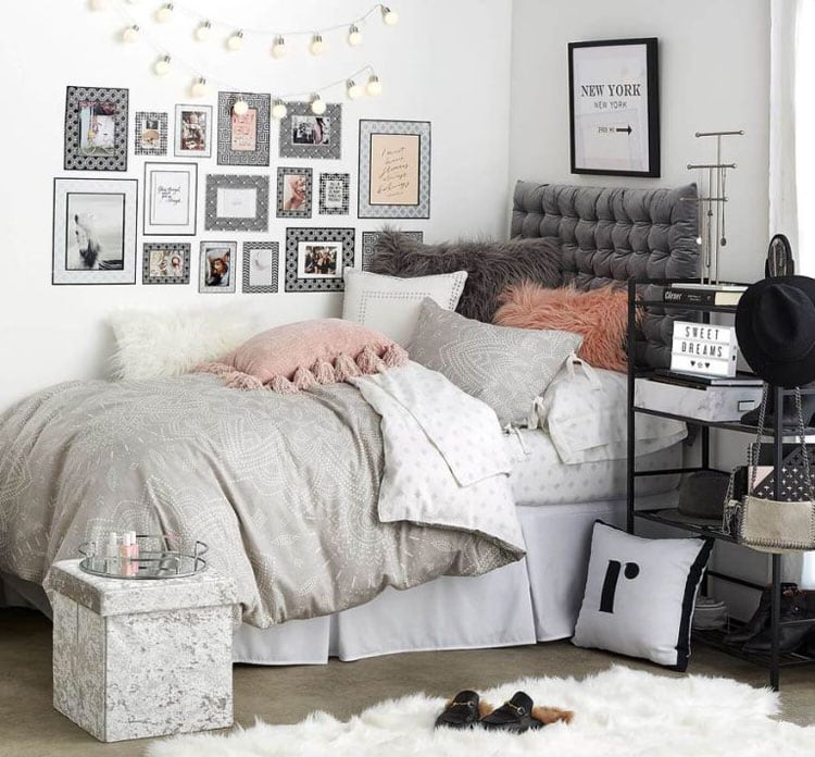 Grey Dorm Room Decor with Art and Shelving