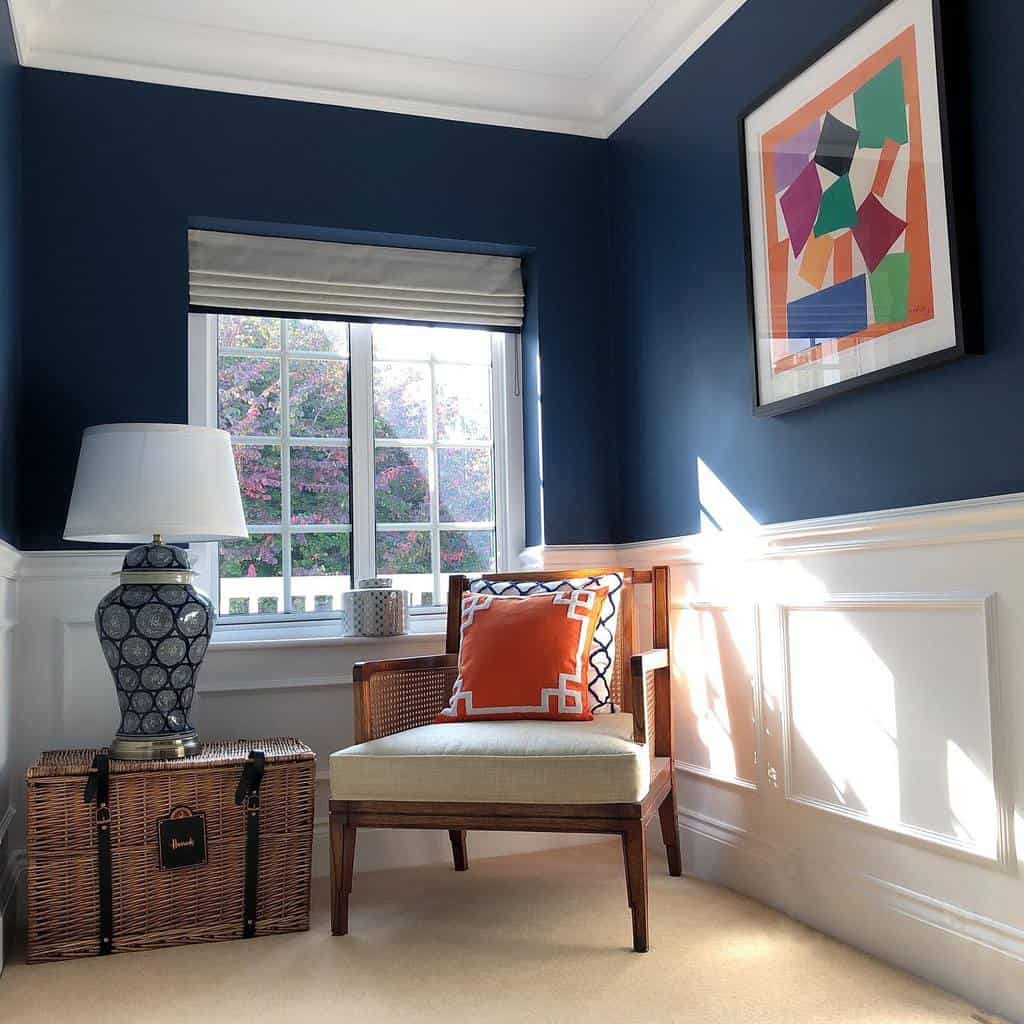 hallway-wall-paneling-ideas-sheremadness two tone white panel and blue wall living space wood accent chair