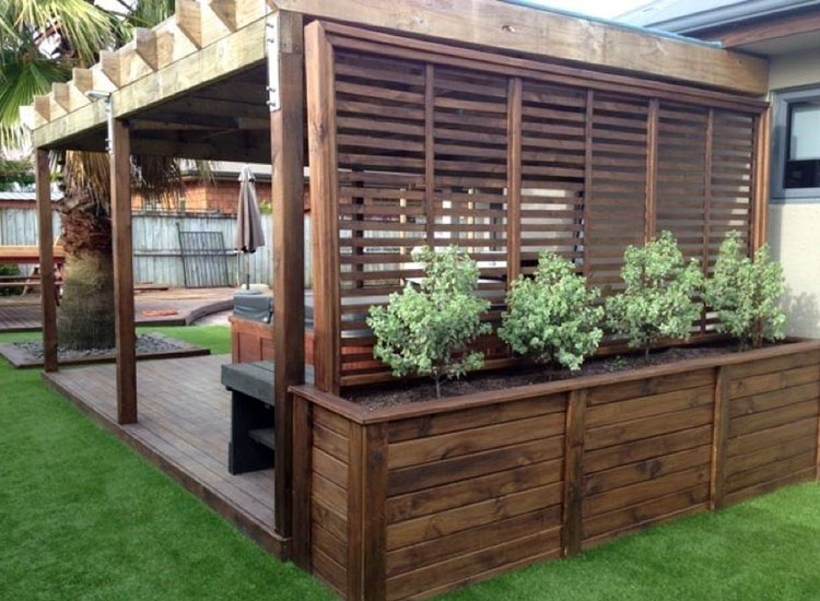 Hot Tub with Garden Trellis and Wood Planter