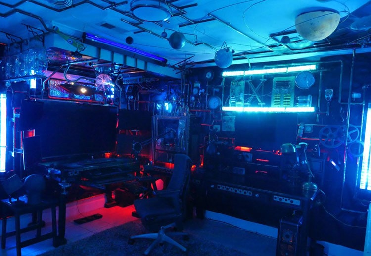 Industrial Video Game Room Decor with Creative Furniture and Ceiling Accessories