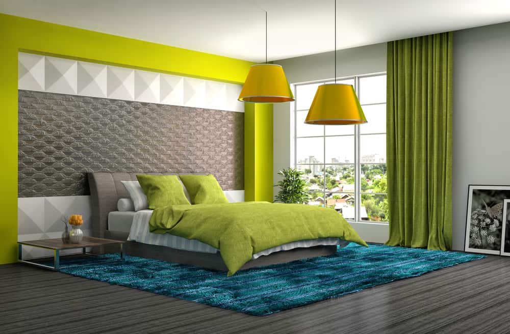 interior-green-bedroom-ideas-1 Modern bedroom with green accents, including bedding and curtains, features a textured wall and large windows