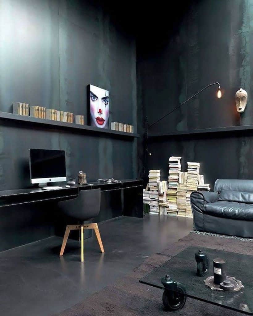 dark masculine home office with leather sofa and books