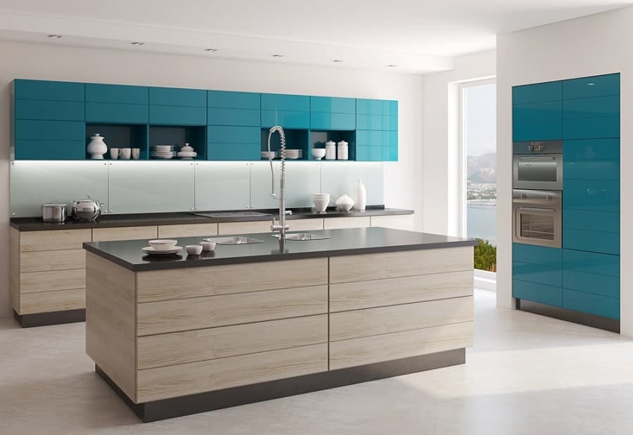 blue and natural color cabinet kitchen