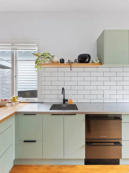 Kitchen Backsplash with Flat Light Mint Green Cabinets and White Subway Tile