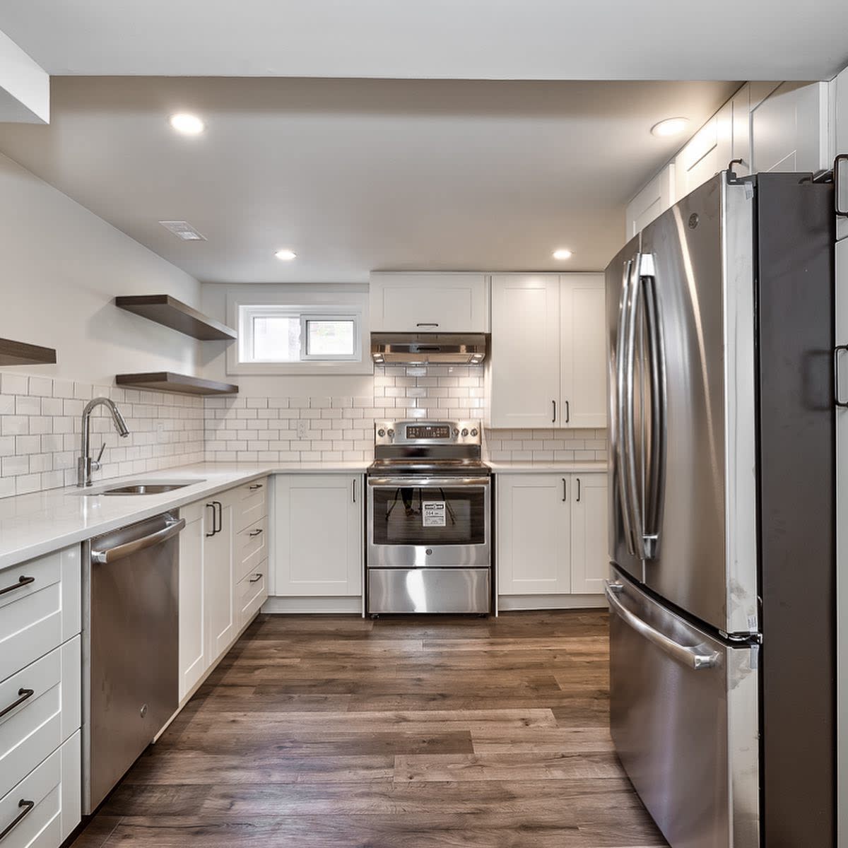 kitchen20basement20apartment20ideas20-deliadurber White kitchen with subway tile backsplash, stainless steel appliances, and wood flooring.