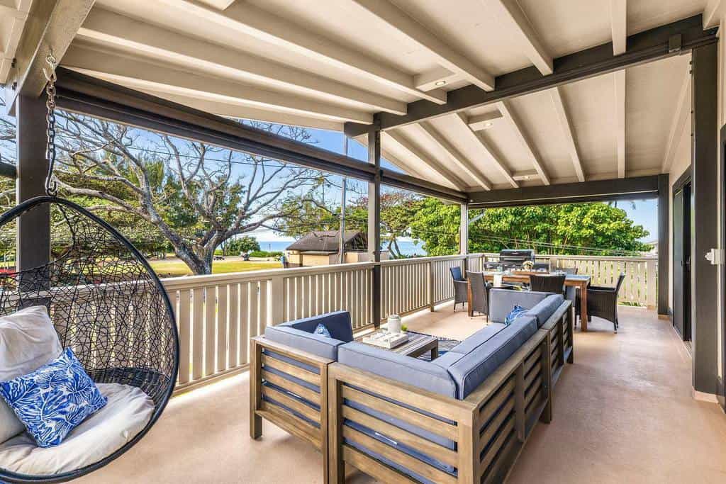 large concrete deck modern pergola wood furniture