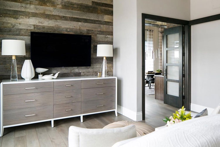 Light and Dark Gray Wood Accent Wall in Bedroom