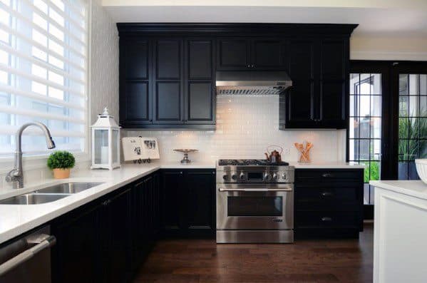 black kitchen cabinets hardwood floors country kitchen