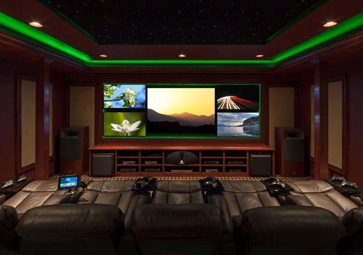 Luxury Video Gamer Room Designs with Green Lighting and Big Screen TV