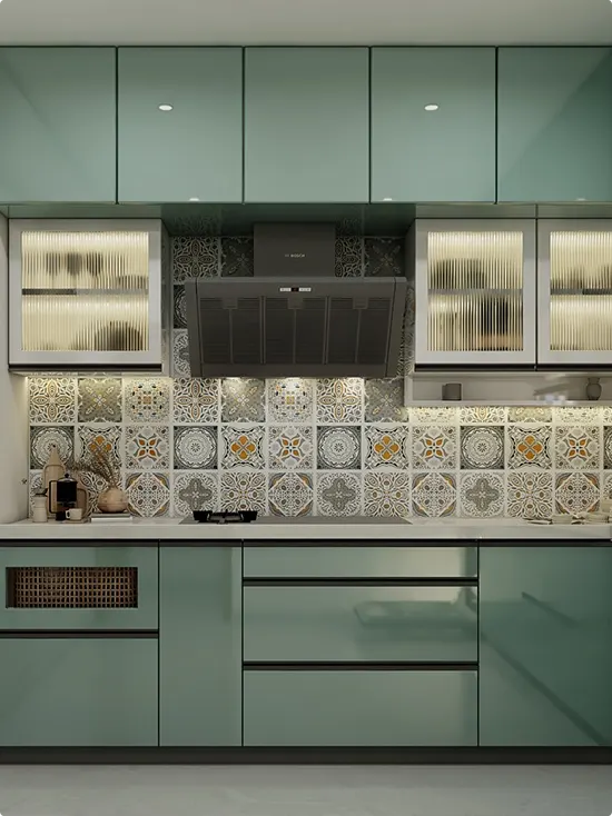 Mint Kitchen with White and Gold Medallion Tile