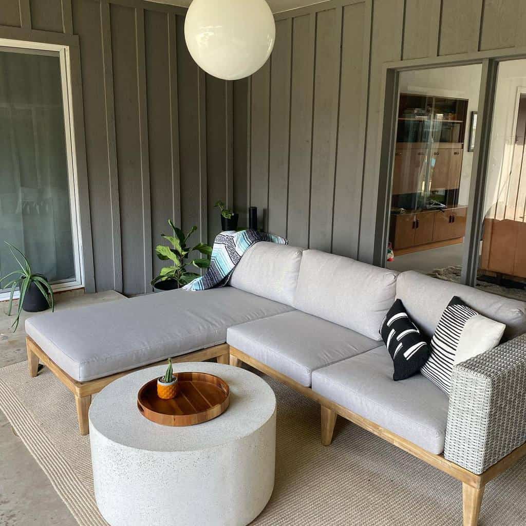 modern covered patio gray sofa