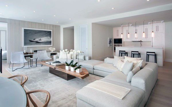 white and gray living room with open plan kitchen
