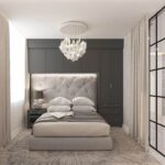 modern small bedroom with gray bed and cabinets