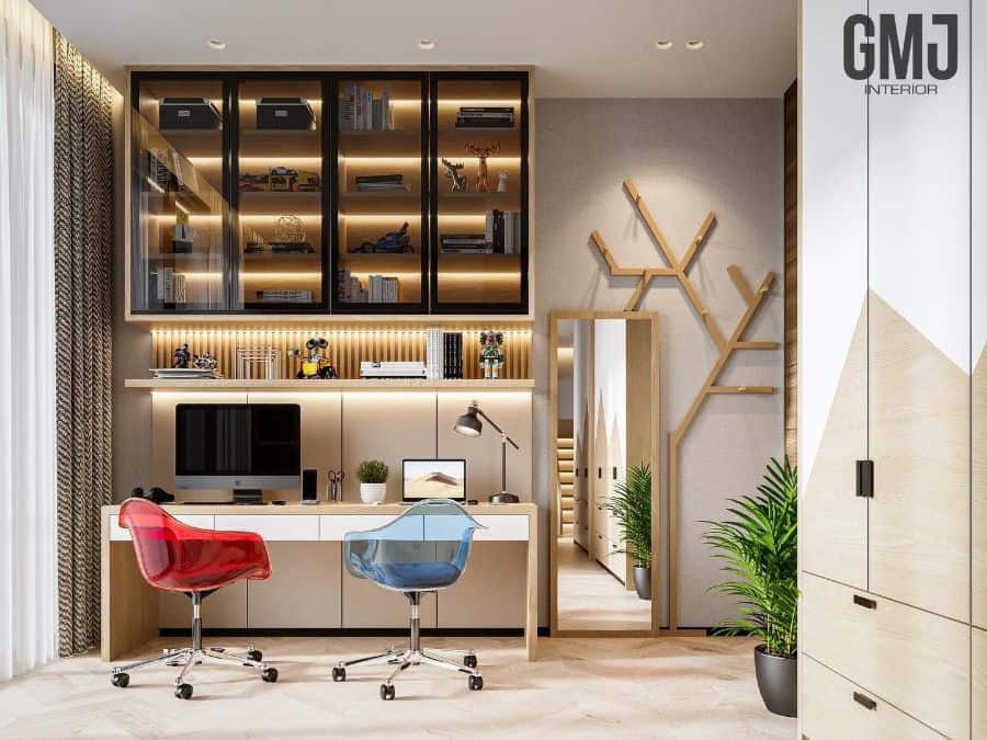 modern study room with glass wall cabinets