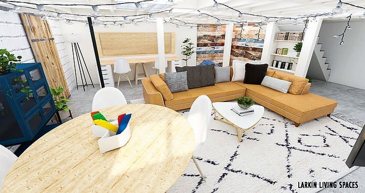 modern20basement20apartment20ideas20-larkin_living_spaces Modern basement living room with sectional sofa, round dining table, and string lights.