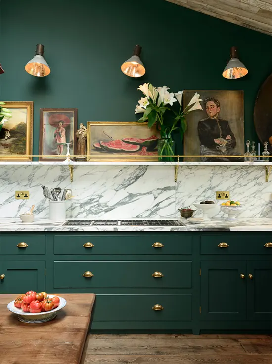 Moody Green Cabinets and Marble Slab