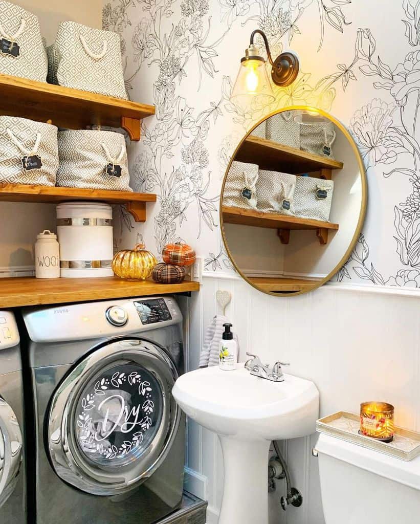 narrow-laundry-room-sink-ideas-fernsnest floral wallpaper small laundry mirror on wall