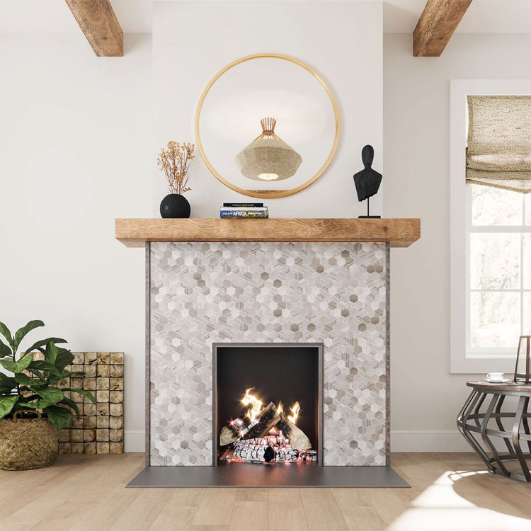 neutral-tiled-fireplace-with-wooden-mantel Neutral Tiled Fireplace with Wooden Mantel