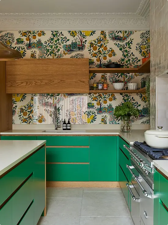 Orchard Wallpaper and Emerald Cabinets