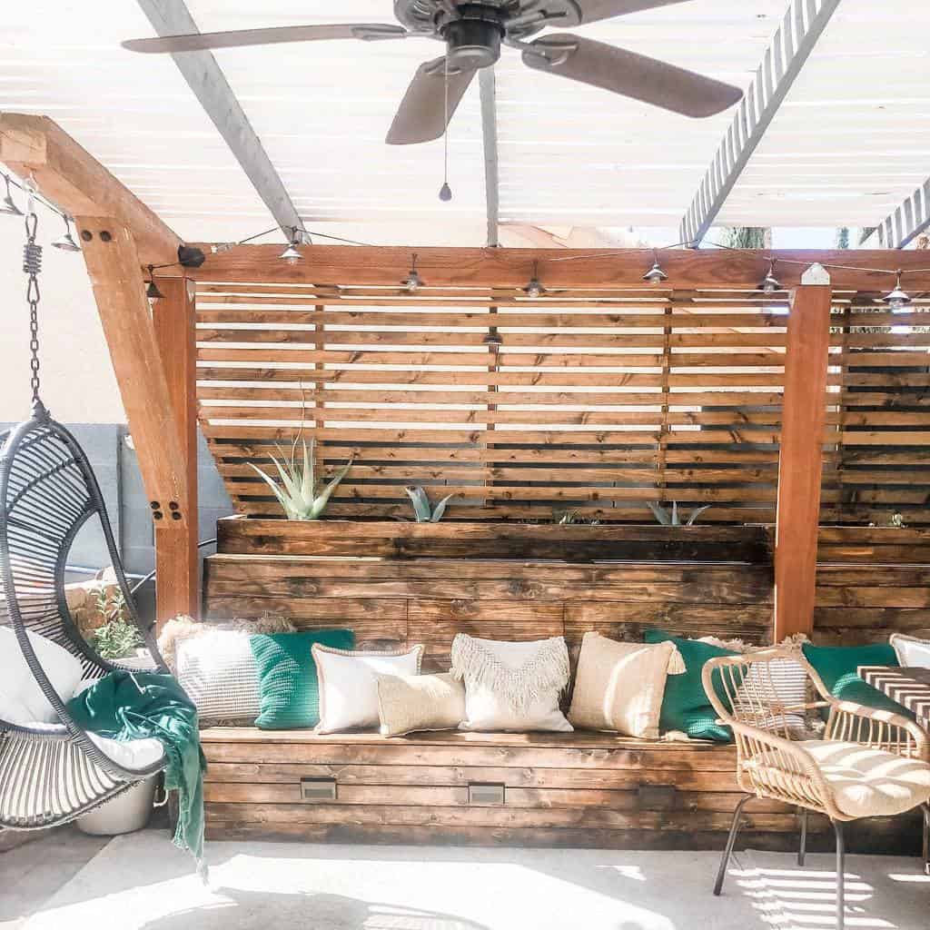 wood bench and pergola hanging egg seat cushions