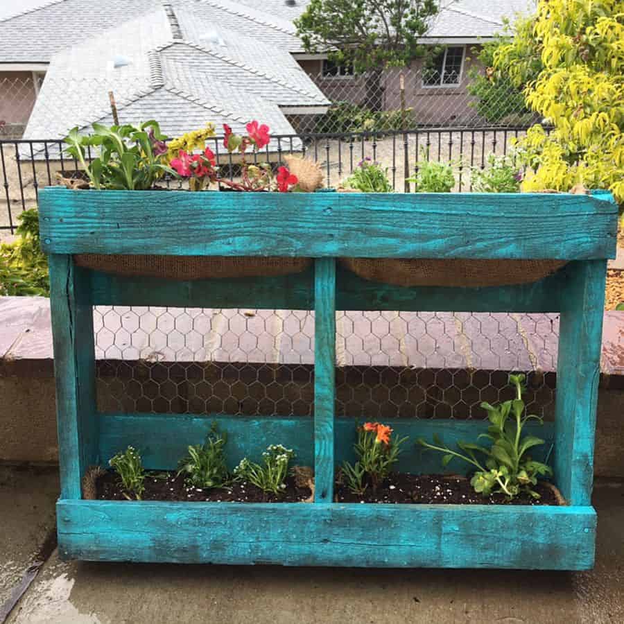 blue painted pallet flower box garden