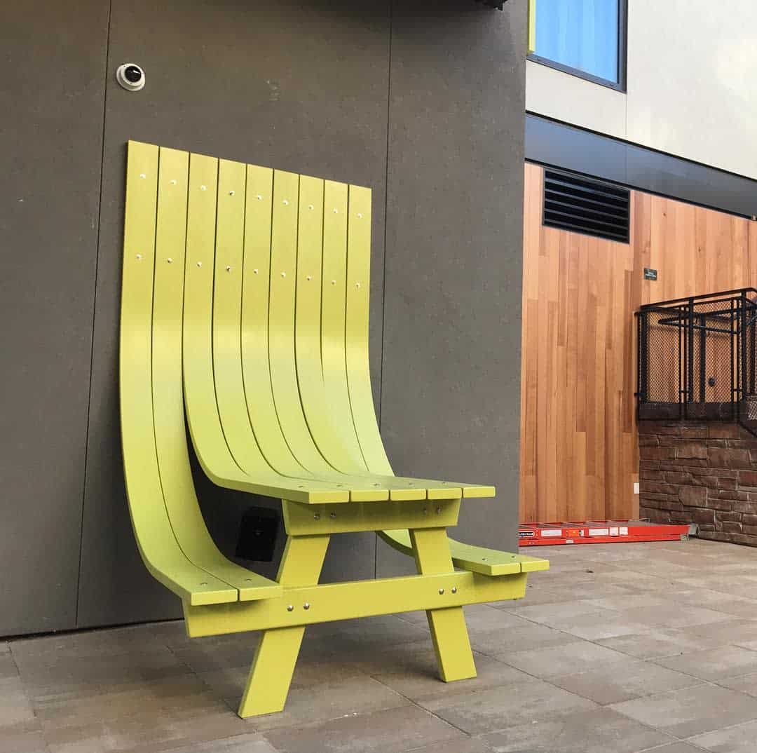 picnic-set-garden-bench-ideas-michael_beitz curved green abstract park bench backyard