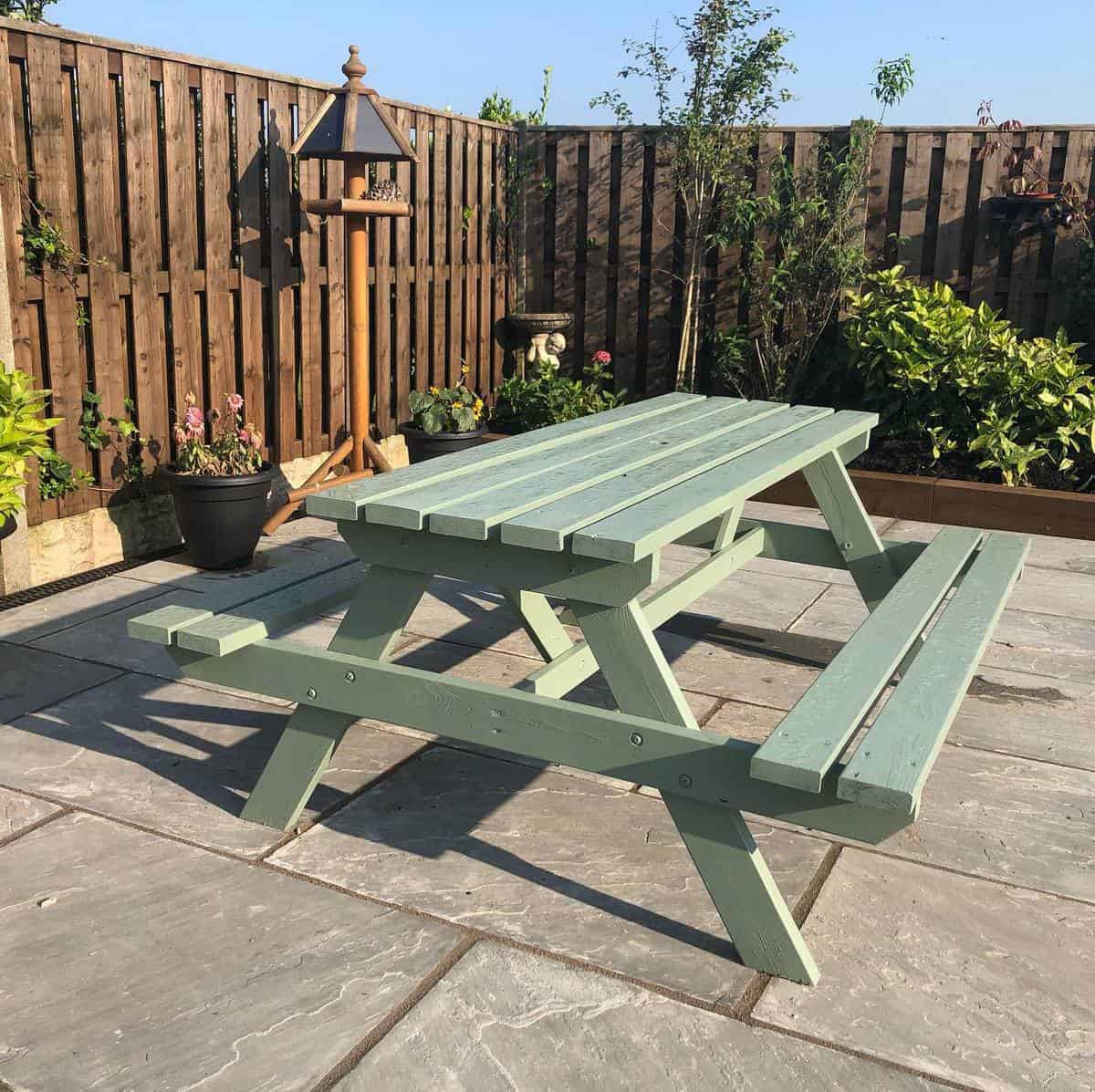 picnic-set-garden-bench-ideas-ourforeverhome63 green painted wood picnic bench patio backyard