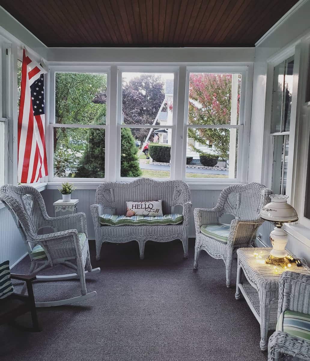porch-patio-enclosure-ideas-emilyckinney enclosed porch patio with white wicker furniture