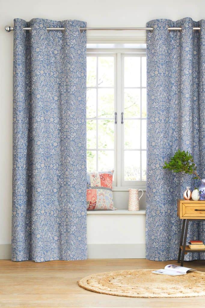 blue print floral curtains bay window