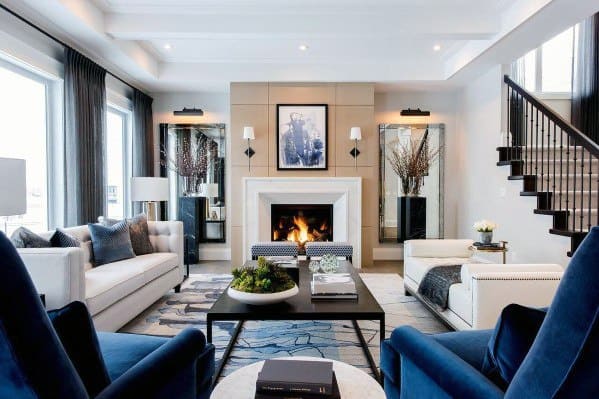 modern living room blue and white sofas fireplace