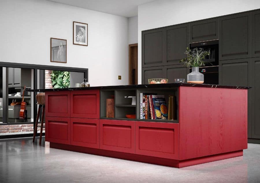 red island with recessed shelving modern kitchen polished concrete floor