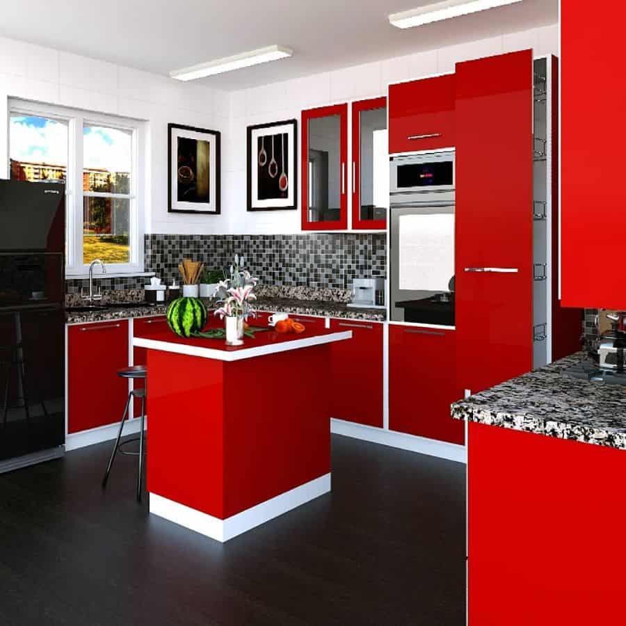 modern red and white kitchen with small island and mosaic splashback