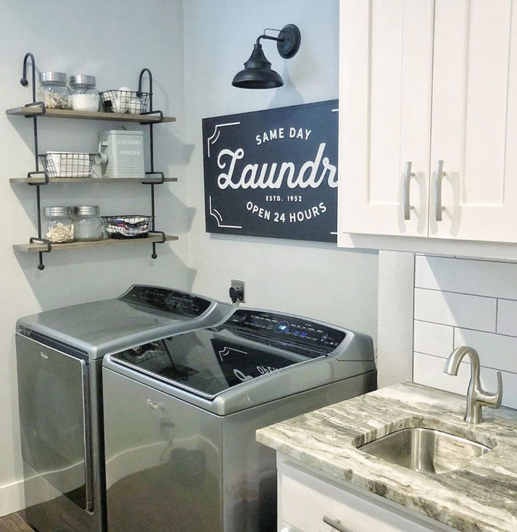 Rustic Laundry Room Decor with Shelf Cabinet Sink