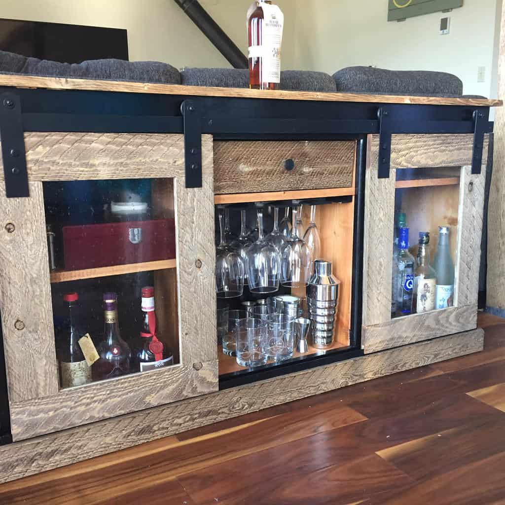 rustic liquor cabinet with glass doors