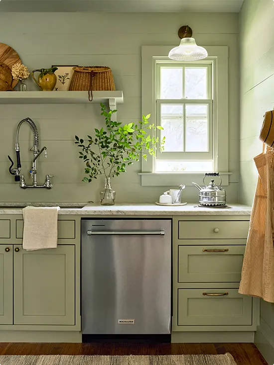 Sage Walls and Open Shelving Kitchen