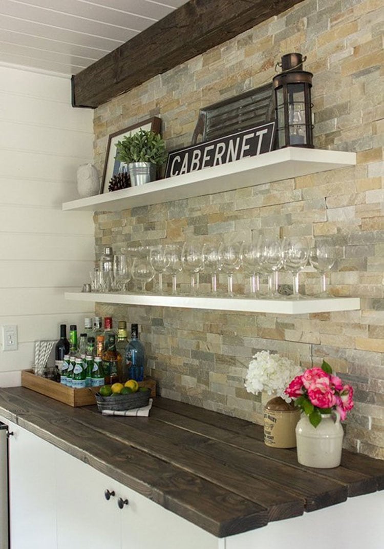 Simple Dry Wall Bar with Wood Top and Fun Decor