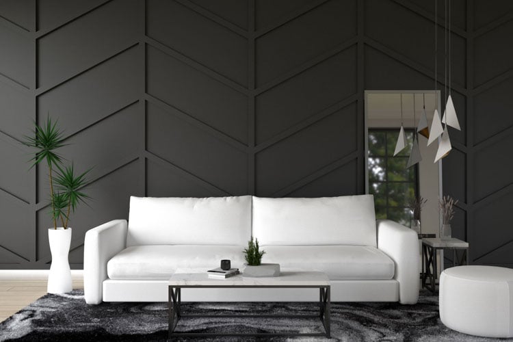 Simple Living Room with White Couch and Black Wall