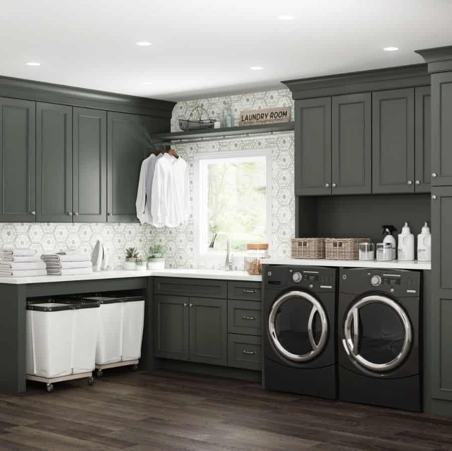 sink-cabinet-laundry-room-sink-ideas-durasupreme gray cabinet laundry with washer and dryer