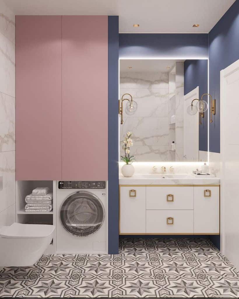 sink-cabinet-laundry-room-sink-ideas-kovalevalena lavish laundry pink and white cabinets tile floor floating toilet