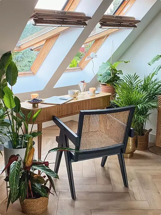 Small Home Office with Skylight and Tropical Plants
